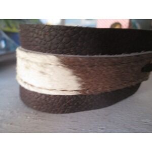 Brown Cream Leather Faux Cow Horse Hair Cuff Bracelet Pull Closure Equestrian